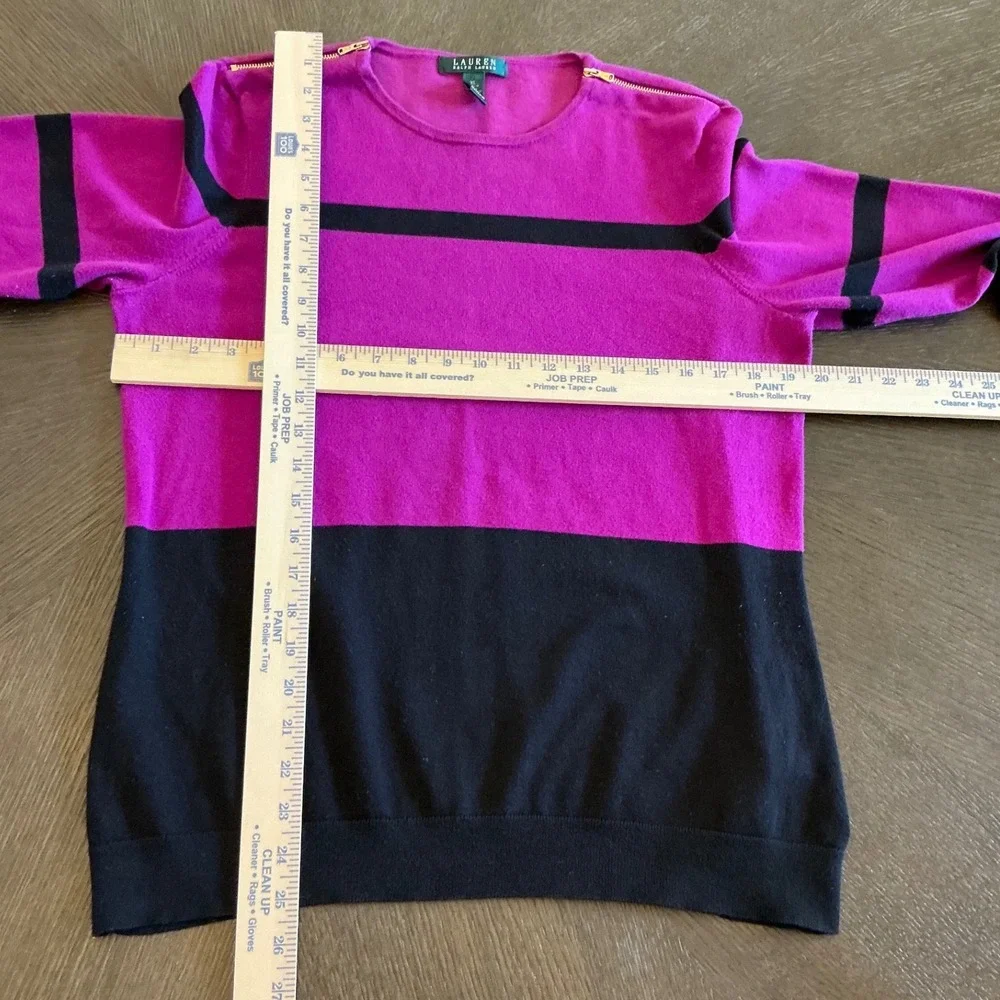 Lauren Ralph Lauren XL Pink Black Striped Gold Zip Shoulder Pullover Sweater